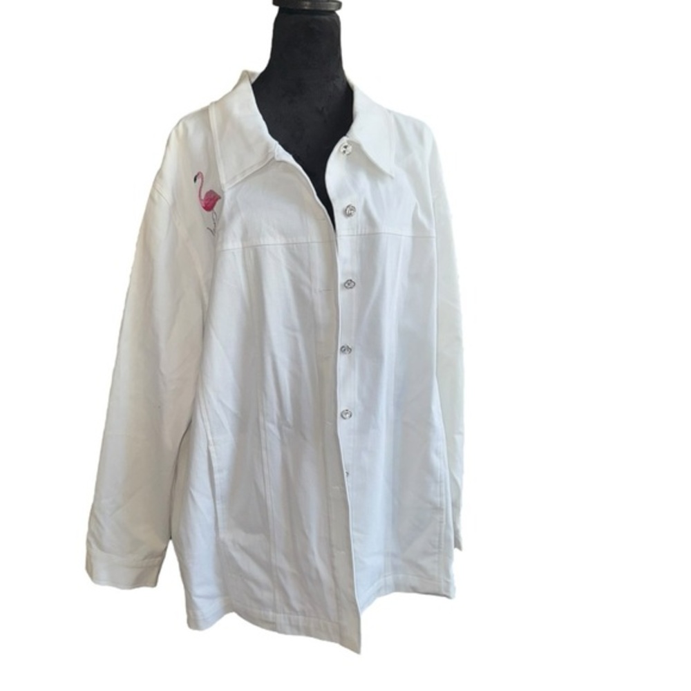 Quacker Factory QVC Denim Jacket embroidered flamingo in white/pink accent‎ 2X
